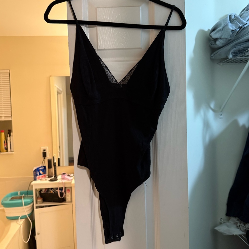 Free People Black Lace-Trim V-Neck Bodysuit